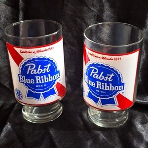 Two Vintage Pabst Blue Ribbon Jumbo Beer Glasses~32 Oz~1970's~Milwaukee 1844